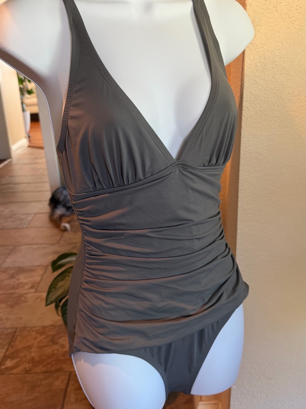 Olive Ruched V-Neck Tankini Set